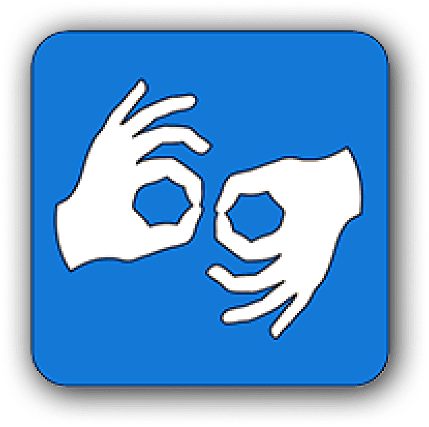 Disability icon for deaf and hard of hearing disability.  A white outline of a human hands in a sign language orientation on a blue background.