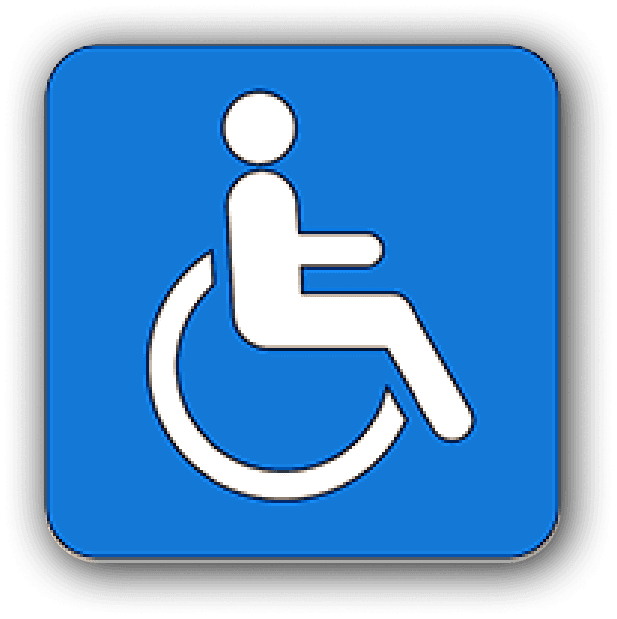 Disability icon for mobility disability.  A white outline of a human in a wheelchair on a blue background.
