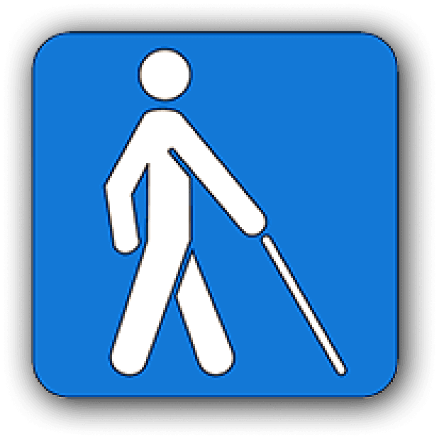 Disability icon for blind and low vision disability.  A white outline of a human walking and holding a cane on a blue background.