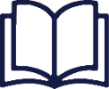 A design icon representing a story book in blue outline on a white background.
