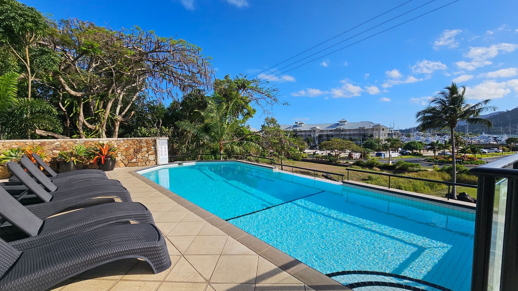 A swimming pool with clear blue water is on the right, bordered by a glass railing. On the left, several black woven sun loungers are lined up on a tiled patio. Behind the loungers, a stone wall is adorned with potted plants and lush greenery, including a large tree. In the background, there is a view of a marina with numerous boats and a large building, along with a palm tree swaying in the breeze.