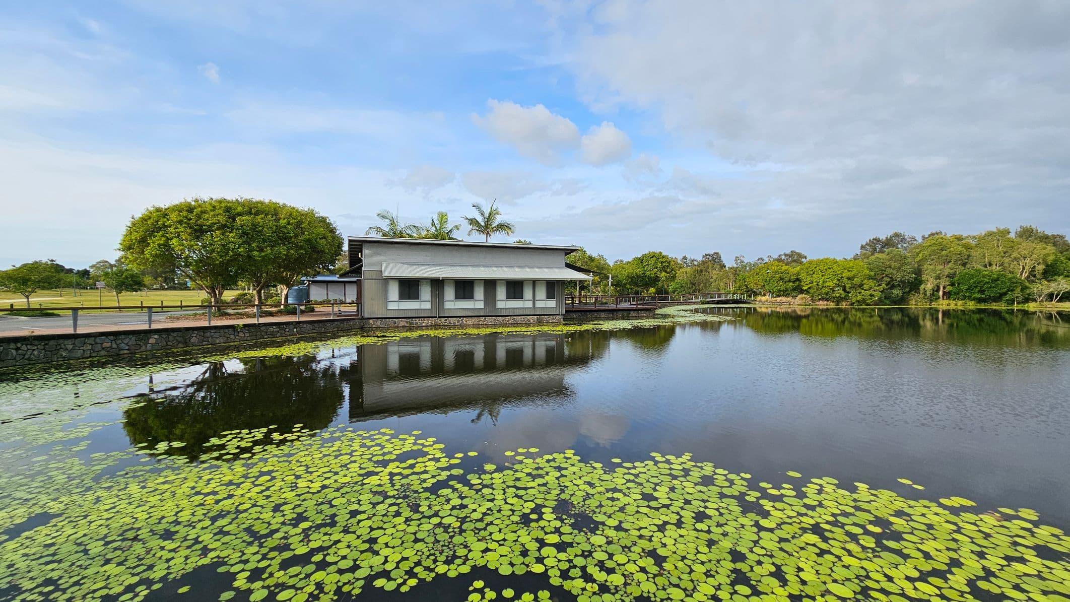 A serene pond with lily pads covers the foreground. In the middle, a grey building with a sloped roof sits on the water's edge, reflecting in the pond. To the left, a stone wall lines the water, with a large, leafy tree nearby. The background features more trees and greenery, with a small bridge visible to the right.