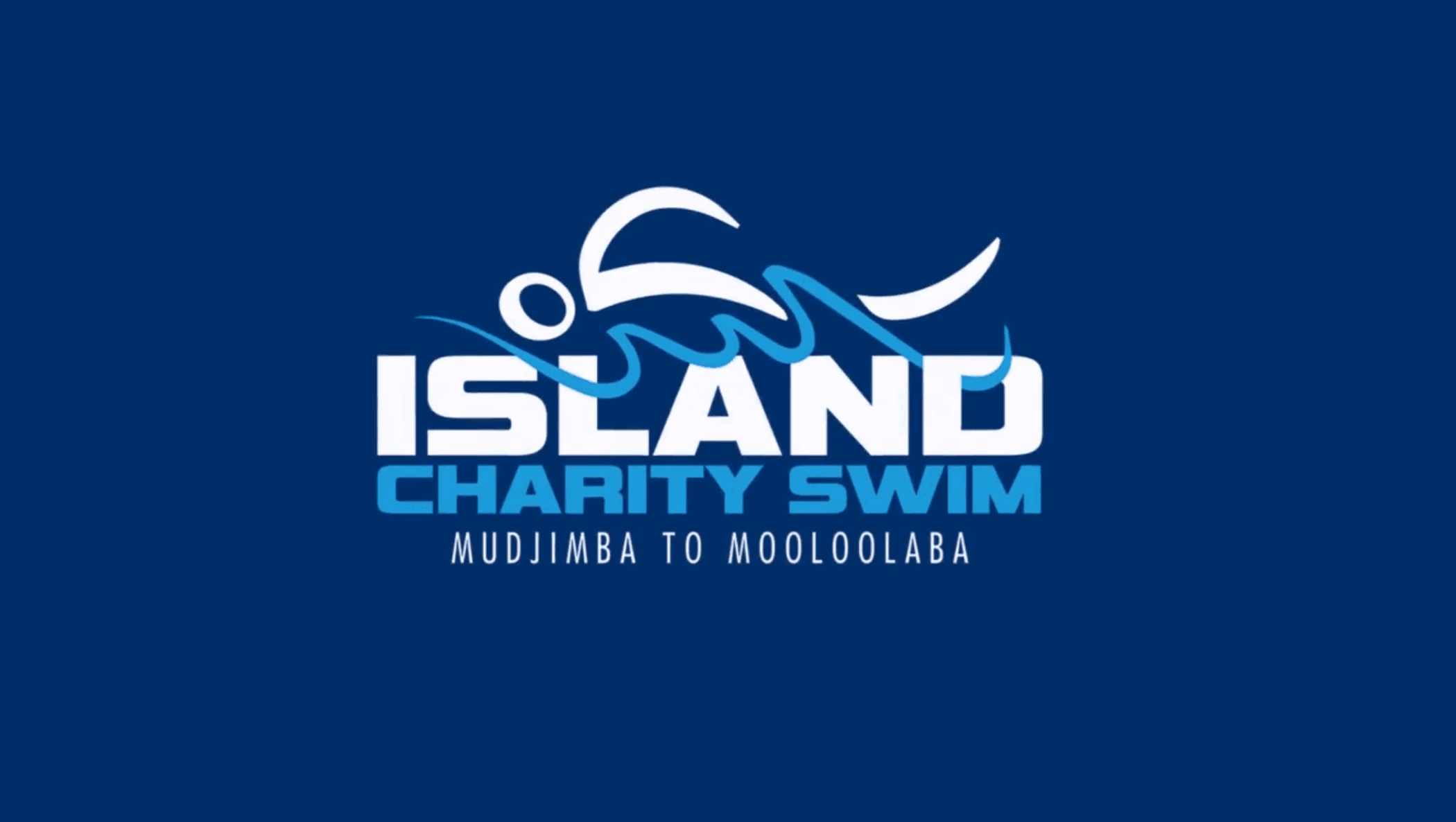 Logo for "Island Charity Swim" featuring a white stylized swimmer graphic above bold white and light blue text on a dark blue background. The top line reads “ISLAND,” the next line “CHARITY SWIM” in light blue, and a tagline in small white letters beneath that says “MUDJIMBA TO MOOLOOLABA.”