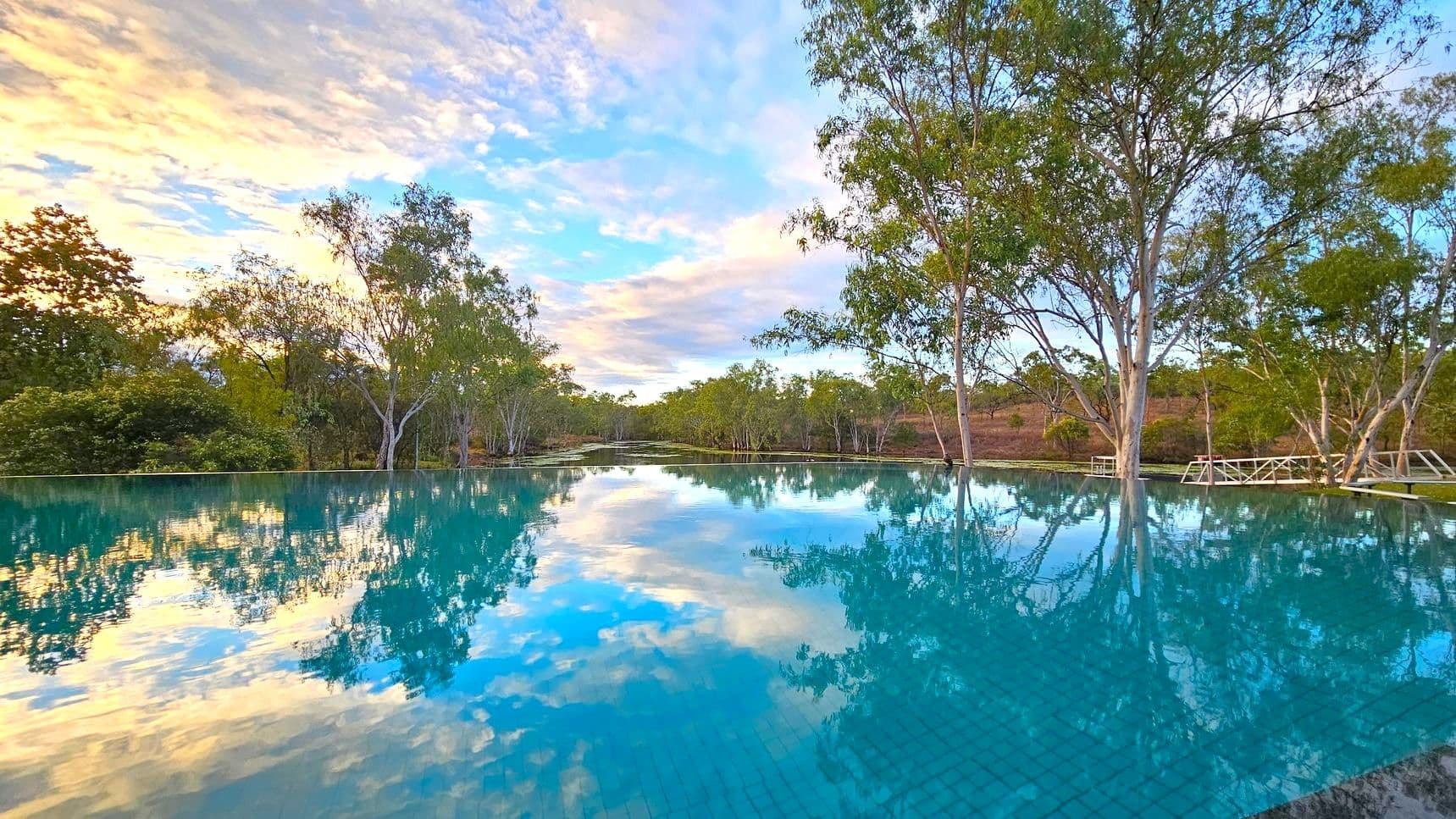 A serene infinity pool stretches across the foreground, reflecting the surrounding landscape. On the left and right, tall trees with slender trunks and green foliage line the pool's edge. In the background, more trees and dense greenery extend into the distance. The water's surface mirrors the trees and the sky, creating a tranquil scene. The pool tiles are visible beneath the clear water.