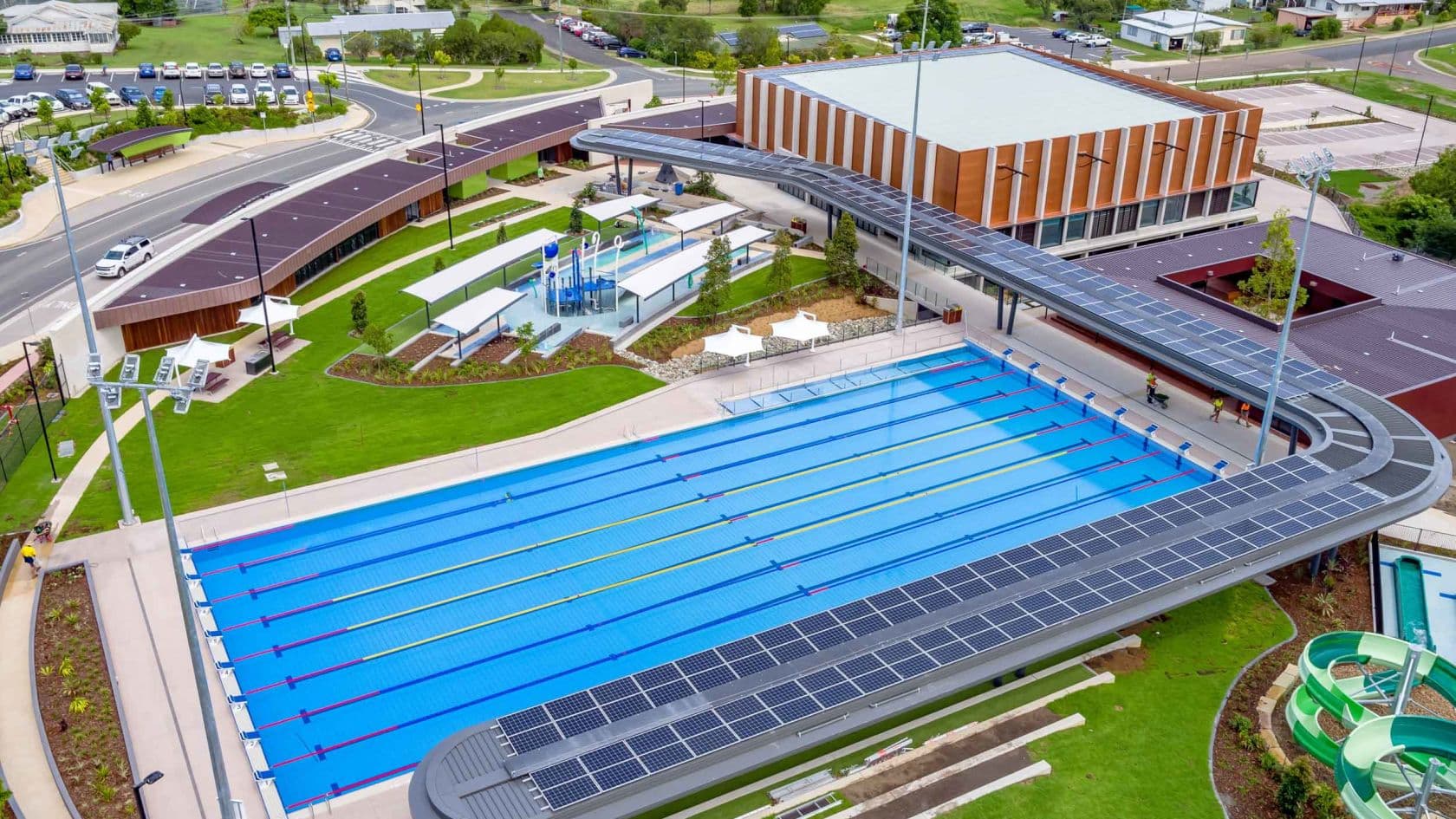 A birds-eye view of the Gympie Aquatic Recreation Centre with the main pool the feature of this image.
