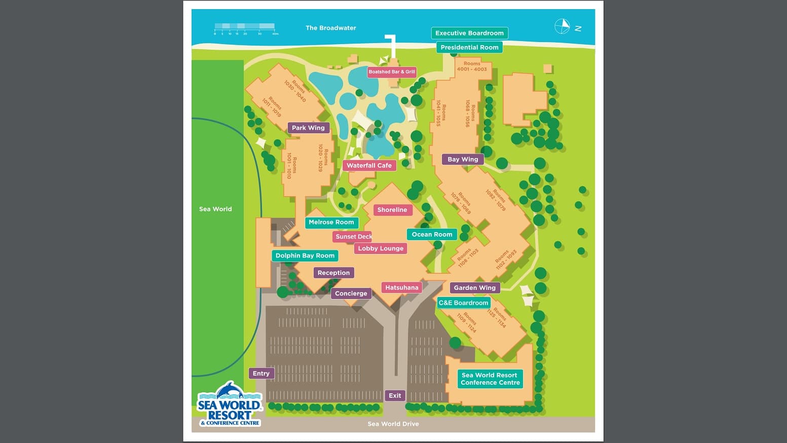 The Sea World Resort and Conference Centre Map showcasing all areas of the resort and conference area.  The grounds are a bright green and buildings in a light brown.  The carpark area is represented in a dark brown and the pool areas are in blue.
