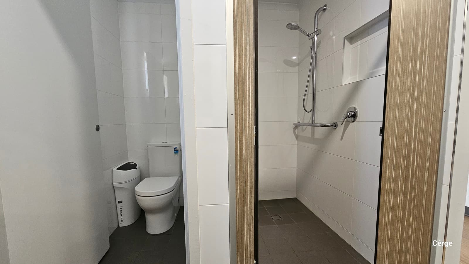 To the left is a toilet bowl and a rubbish bin. To the right is a shower mounted to the wall, equipped with a hand grab. A wall separates the toilet from the shower area. A sliding door with a wooden design secures the area. The floor has grey tiles, and the wall has white tiles.