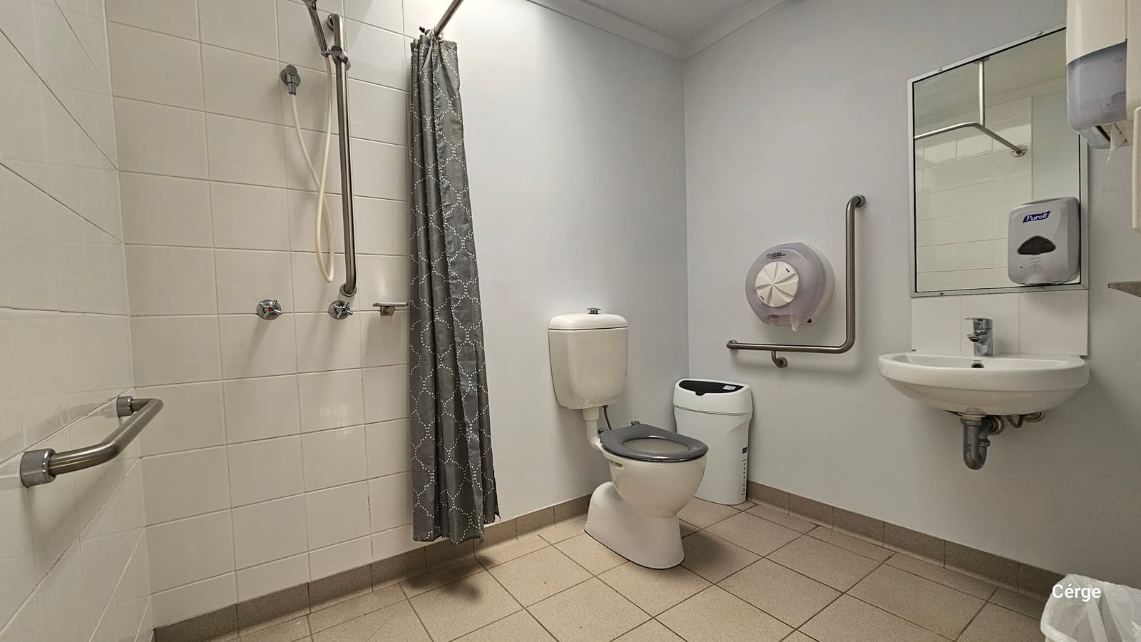 Inside the accessible toilet, a toilet bowl is positioned in the corner, with a rubbish bin beside it. To the left is a shower with a shower curtain and a hand grab affixed to the wall. To the right is a wash basin, a mirror, a liquid soap dispenser, and a tissue dispenser mounted to the wall. The ceiling and walls are all white, and the floor has cream tiles.