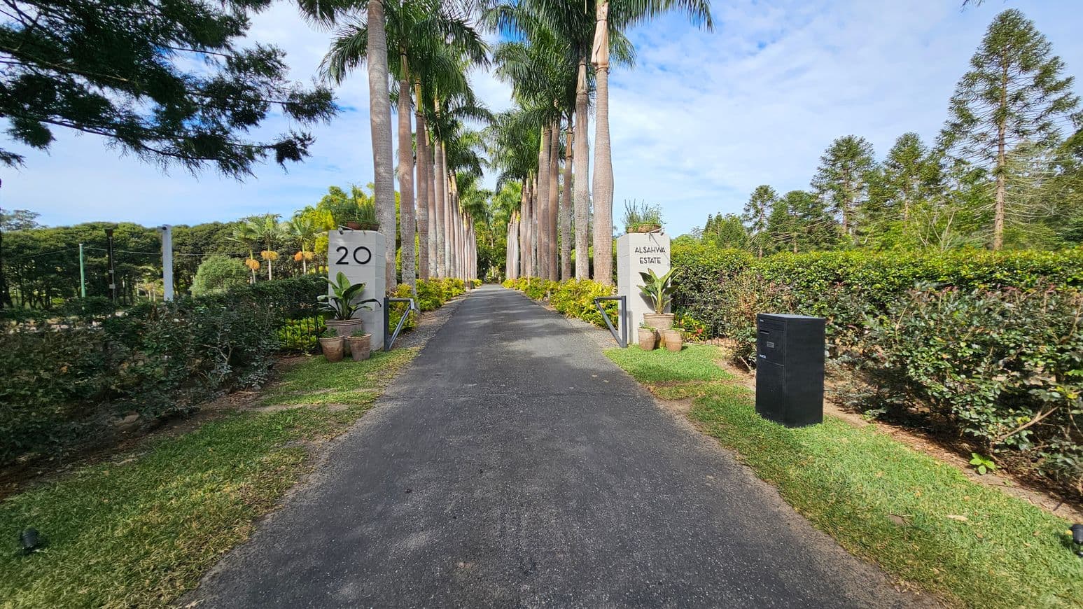 A paved driveway flanked by tall palm trees leads into the distance. On the left, a white pillar with the number "20" is surrounded by potted plants. On the right, another pillar reads "ALSAHWA ESTATE" with similar potted plants. A black mailbox stands on the right side of the path. The background is filled with lush greenery and various trees, creating a serene, landscaped environment.