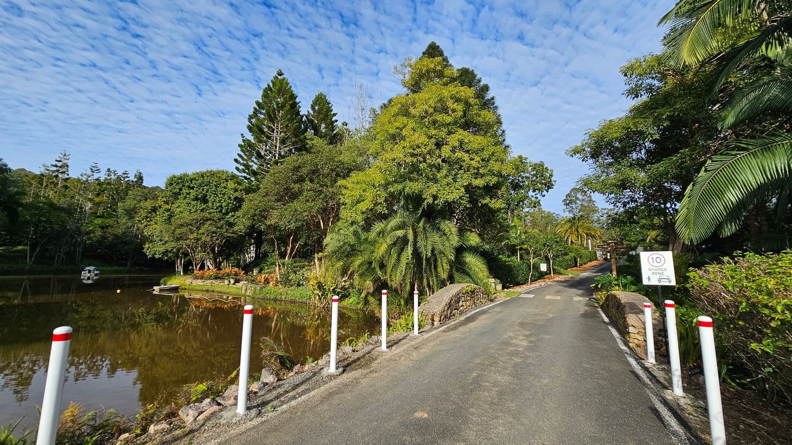 A narrow road runs through a lush, green park. On the left, a calm pond reflects the surrounding trees, with a small boat docked at the edge. Tall trees and dense foliage line the left side, while the right side features a row of white posts with red tops and a sign indicating a shared zone with a speed limit of 10. The road is bordered by a stone wall and more greenery, including palm fronds. The sky is filled with scattered clouds.