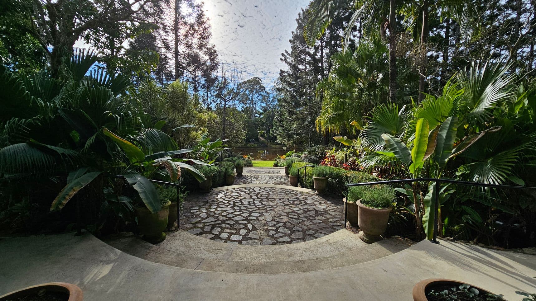 A stone pathway leads downwards, flanked by lush greenery and potted plants on both sides. The path is bordered by railings and curves gently towards a pond in the background. Tall trees and dense foliage surround the area, creating a serene, enclosed garden atmosphere. The foreground features a circular stone pattern on the ground, and the scene is bathed in natural light filtering through the trees.