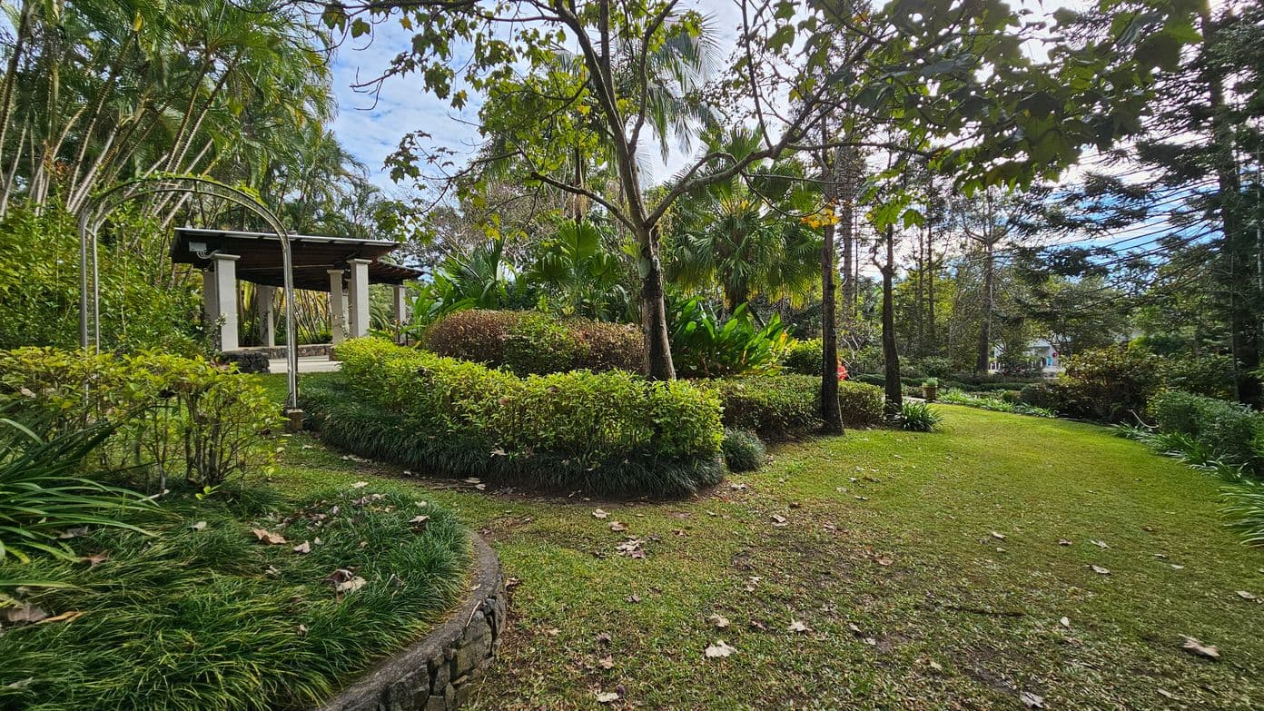 A lush garden with a grassy path curving through the centre. On the left, there's a metal archway leading to a small pavilion with a dark roof supported by white columns. Dense greenery, including bushes and palm trees, surrounds the area. The right side features more trees and a continuation of the grassy path, with scattered leaves on the ground. In the background, more trees and a glimpse of a building can be seen.