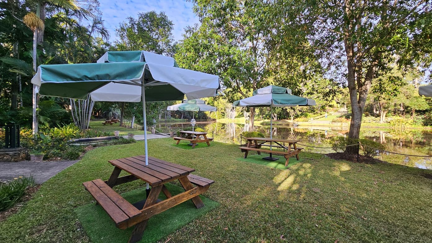 Wooden picnic tables with green and white umbrellas are scattered across a grassy area. In the foreground, a table is positioned on a patch of artificial grass. To the right, more tables are visible, each with its own umbrella. In the background, a tranquil pond reflects the surrounding trees, and a path runs alongside it. Lush greenery and tall trees surround the area, creating a serene outdoor setting.
