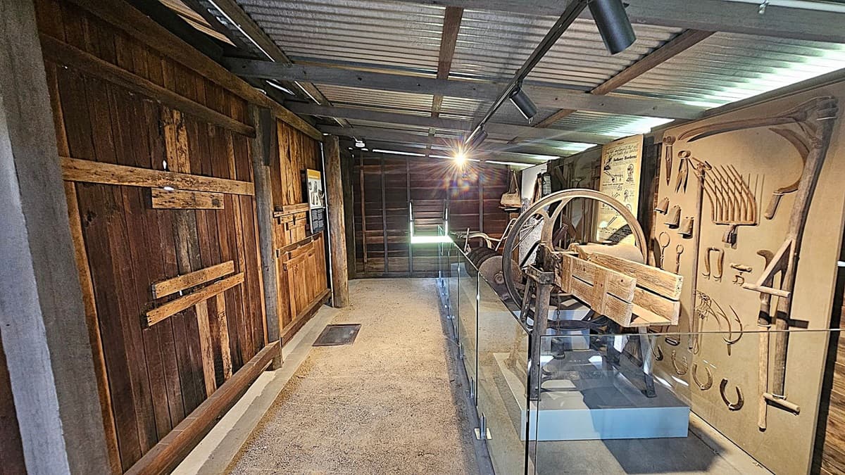 A museum exhibit with a rustic wooden wall on the left and a display of vintage farming tools on the right. The tools are mounted on a beige board, including rakes, scythes, and other implements. In the centre, behind a glass barrier, is an old wooden cart with a large wheel. The floor is concrete, and the ceiling is made of corrugated metal with exposed beams and spotlights.