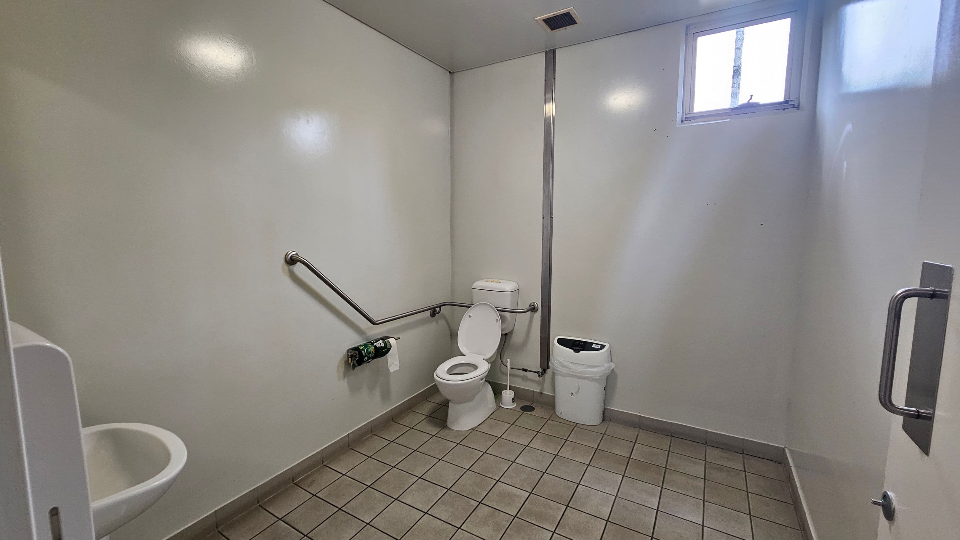 A public restroom with light green walls and a tiled floor. On the left, a small white sink is partially visible. In the centre, a white toilet with a raised lid is equipped with a metal grab bar on the wall. A toilet paper holder is mounted nearby. To the right of the toilet, a white bin is placed on the floor. A small window near the ceiling allows natural light into the room. A metal door handle is visible on the right side.