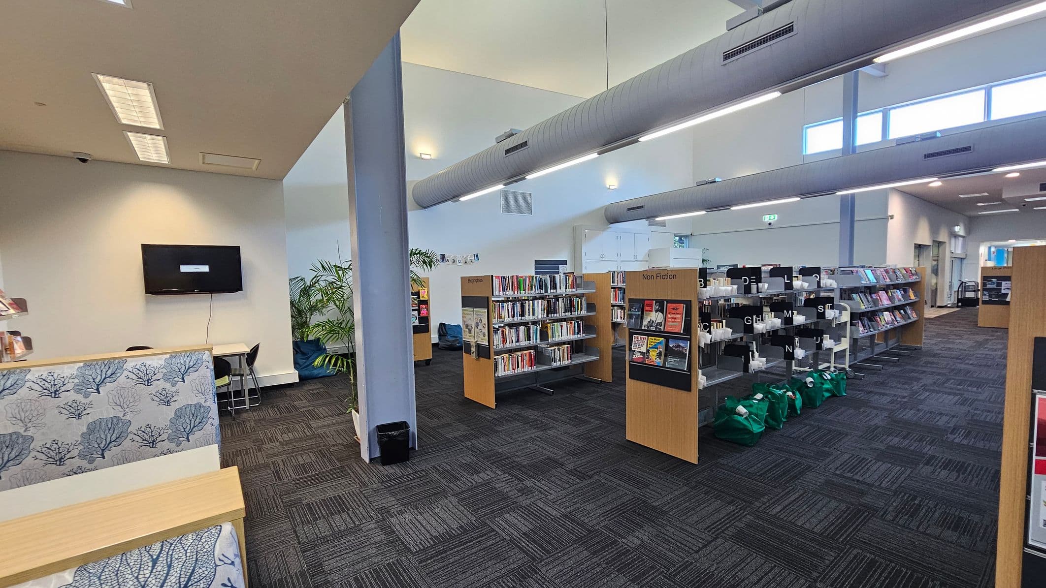A library interior with a dark carpeted floor. On the left, a wall-mounted TV above a small table and chairs, with a decorative panel featuring blue coral patterns. In the centre, bookshelves labelled "Biography" and "Non Fiction" are filled with books. On the right, more shelves with alphabetic dividers and green bags on the floor. The ceiling has large cylindrical ducts and fluorescent lights. Tall windows on the right allow natural light in.
