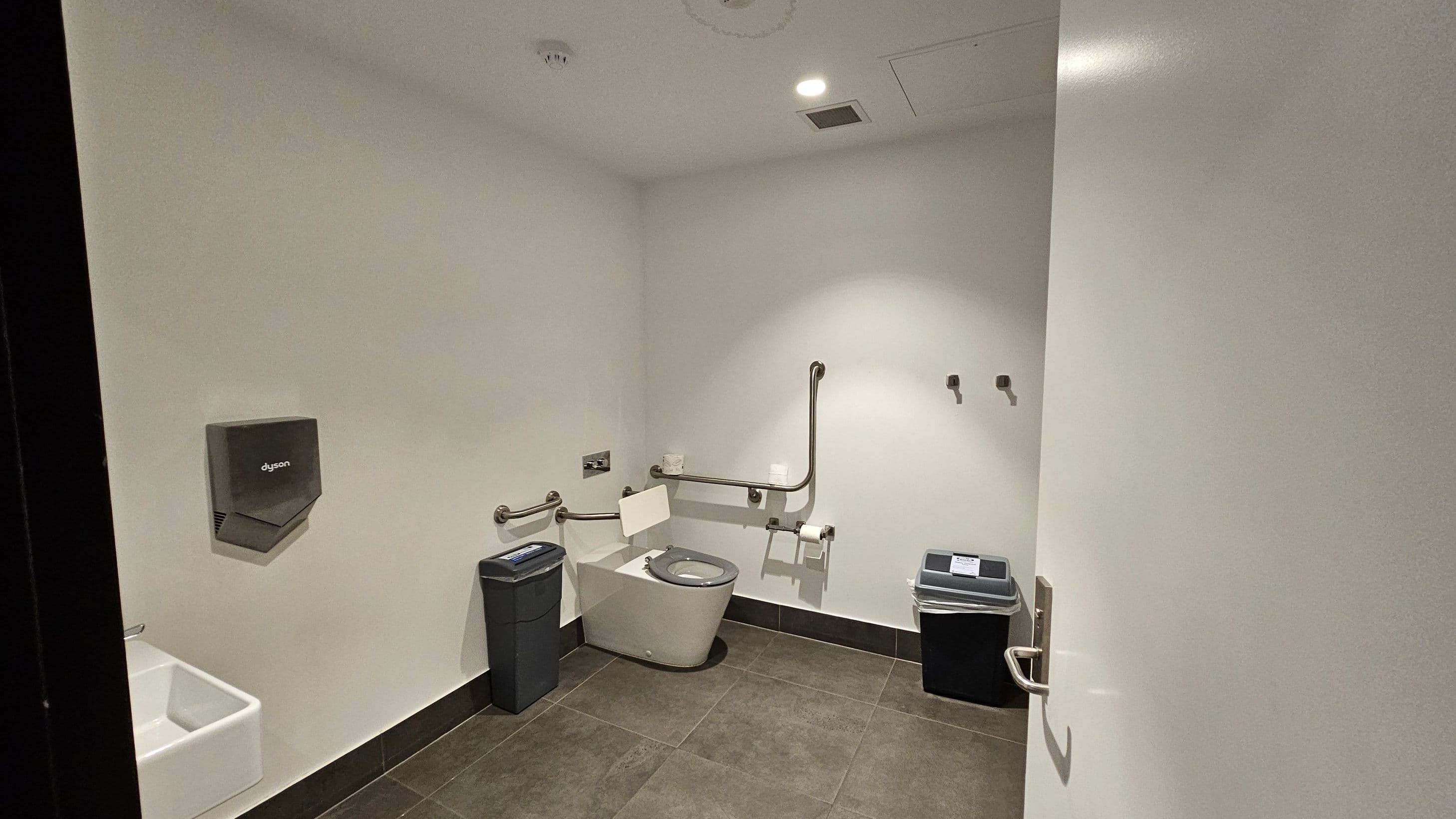 A public restroom with a light-coloured wall and dark floor tiles. On the left, a Dyson hand dryer is mounted above a small white sink. In the centre, a toilet with a grey seat is equipped with multiple support rails. A toilet roll holder and a small bin are nearby. On the right, a larger bin is placed against the wall. The ceiling has recessed lighting and a vent.