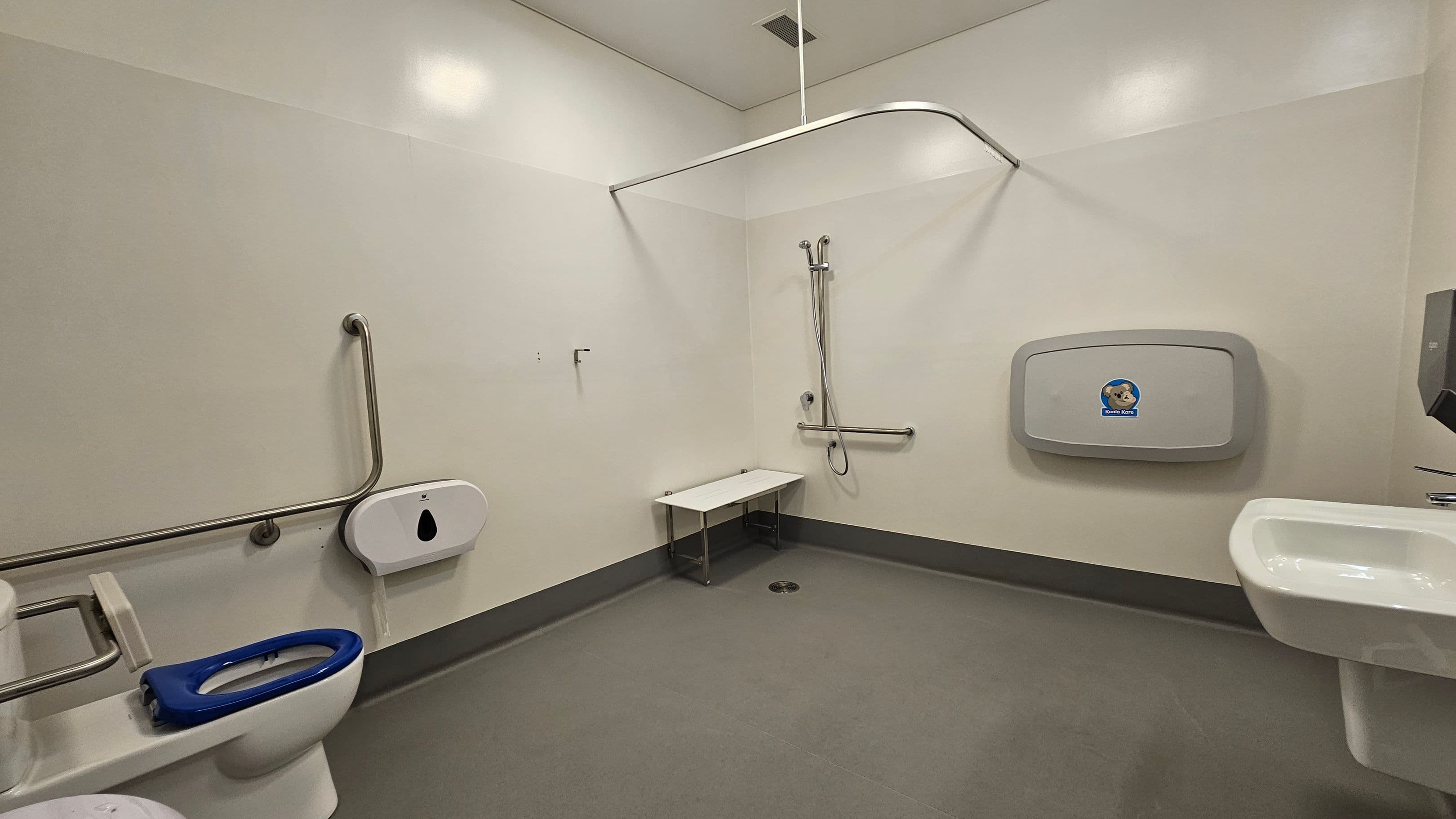 A spacious, accessible bathroom with a green floor and light-coloured walls. On the left, there is a toilet with a blue seat and a grab rail. In the centre, a shower area with a handheld showerhead and a foldable bench. On the right, a baby changing station is mounted on the wall above a white sink. The ceiling is plain with a light fixture.