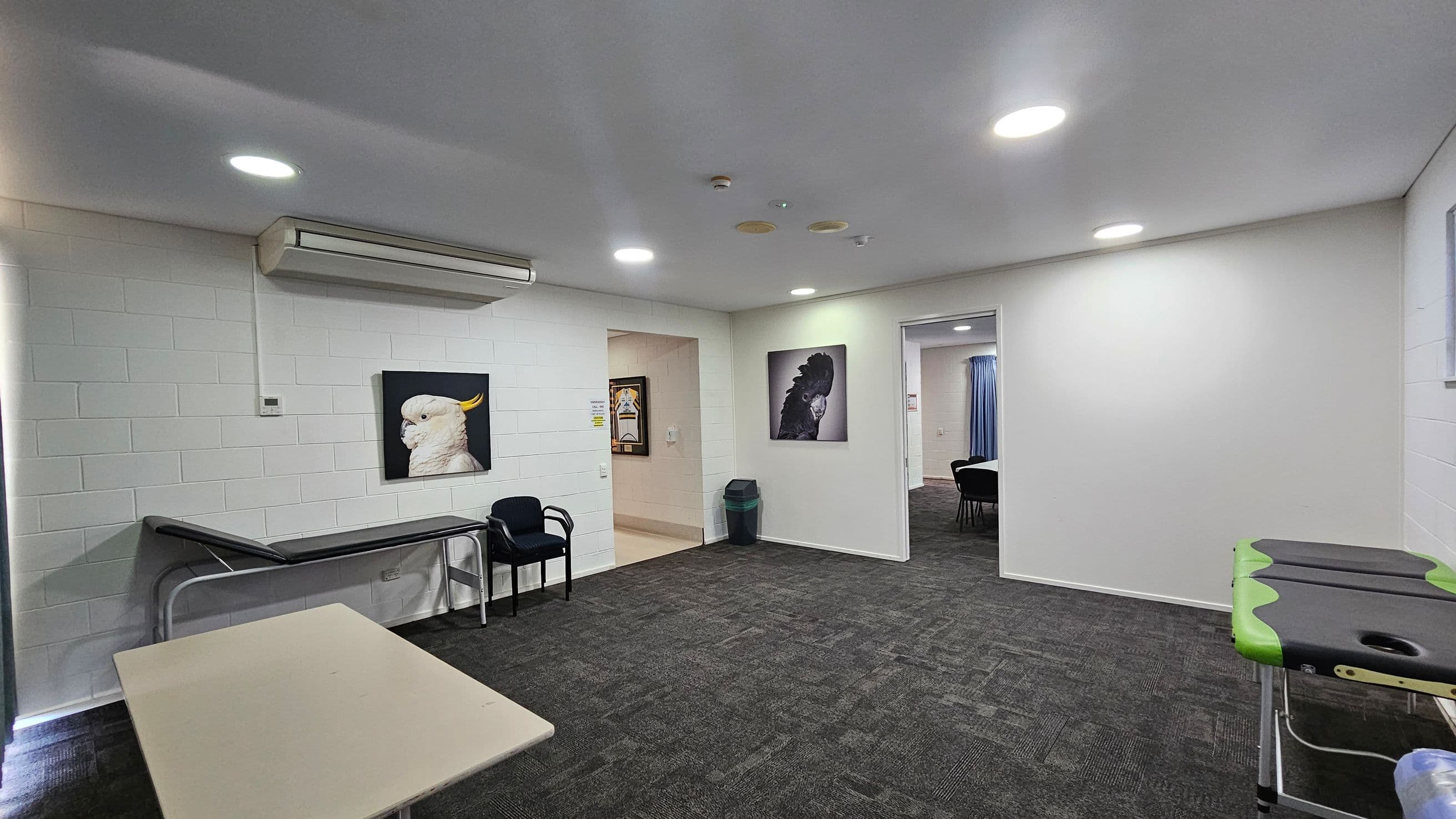 A room with white brick walls and a dark carpeted floor. On the left, there's a black examination table and two chairs beneath a wall-mounted air conditioner. A painting of a white bird is on the wall. In the centre, a doorway leads to another room, with a green bin nearby and a painting of a black bird. On the right, a green and black massage table is visible. The ceiling has recessed lighting.