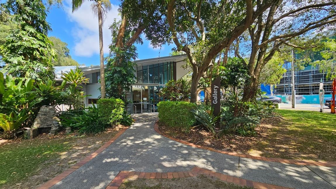 A modern building with large glass windows is partially obscured by lush greenery, including tall trees and various plants. A paved path, bordered by bricks, leads to the entrance. A sign with the word "Gallery" is visible on the right. In the background, a street with cars and a building under construction can be seen. The area is shaded by the trees, and the ground is covered with grass and mulch.