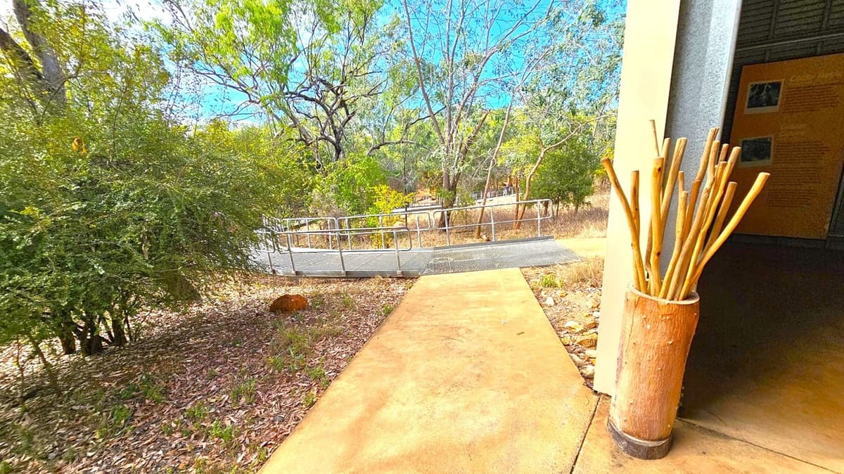 A pathway leads from the foreground to a metal ramp in the middle, surrounded by dense greenery and trees. On the right, a large container holds several wooden sticks, positioned next to a building with a partially visible wall. The ground is covered with dry leaves and the path is made of a smooth, light brown material.
