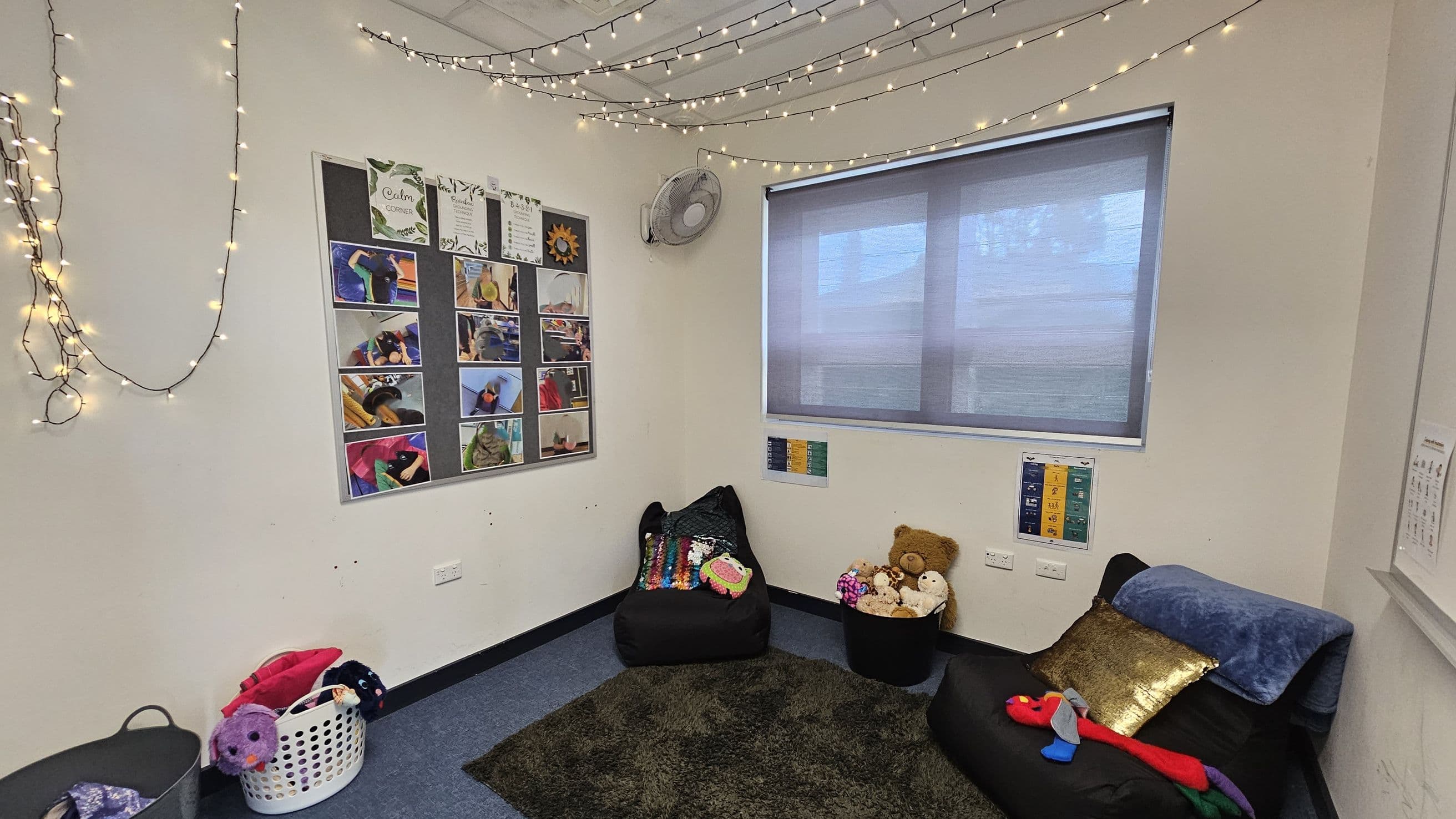 A cosy room with a soft, dark carpet on the floor. On the left, a bulletin board displays various photos and papers. Fairy lights are strung across the ceiling. In the corner, a fan is mounted on the wall. The right side features a window with a grey blind, beneath which are two black chairs with colourful cushions and a basket of stuffed toys. A small chart is visible on the wall near the window. A laundry basket with plush toys is on the floor.