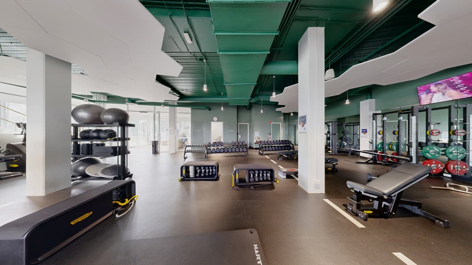 On the left, a white pillar next to shelves holding large exercise balls and balance boards. In the middle, rows of dumbbells on racks and various weightlifting benches. On the right, weightlifting equipment with colourful weight plates and a wall-mounted television. The floor is dark rubber, and the ceiling is green with white, cloud-shaped acoustic panels and hanging light fixtures.
