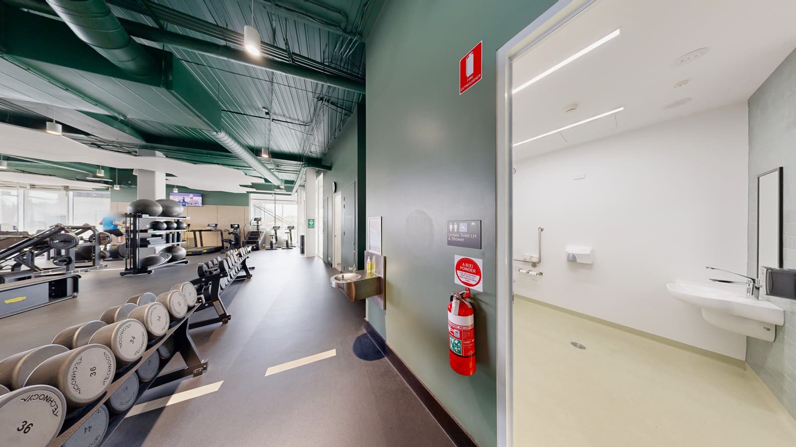 On the left, rows of dumbbells on racks and various exercise machines, including treadmills and ellipticals. In the middle, a white pillar with shelves holding large exercise balls and balance boards. On the right, an open door leading to a white, accessible bathroom with a sink and handrails. The floor is dark rubber in the gym area and light-coloured in the bathroom. The ceiling is green with exposed ducts and hanging light fixtures.