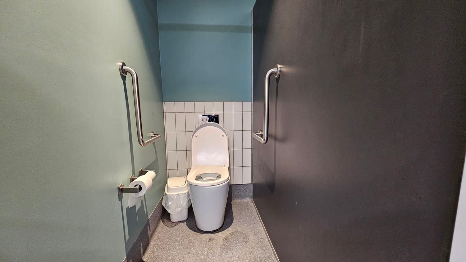 On the left, a light green wall with a metal grab bar and a toilet paper holder. On the right, a dark grey wall with another metal grab bar. In the middle, a white toilet with the lid up, a small white bin with a plastic liner, and a tiled section of the wall behind the toilet. The floor is grey with a textured surface, and the ceiling is light blue with no visible fixtures.