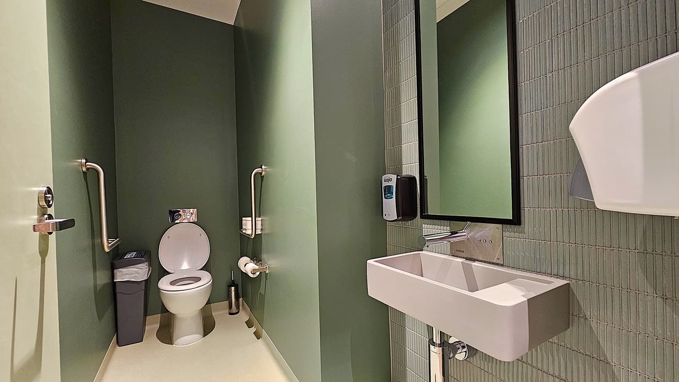 On the left, a green wall with a grab rail and a door handle is next to a white toilet with an open lid, a grey bin, and a toilet brush. In the middle, the toilet is flanked by two grab rails and a toilet paper holder. On the right, a white sink with a wall-mounted soap dispenser and a rectangular mirror above it is next to a paper towel dispenser. The floor is light-coloured and smooth, and the ceiling is white.