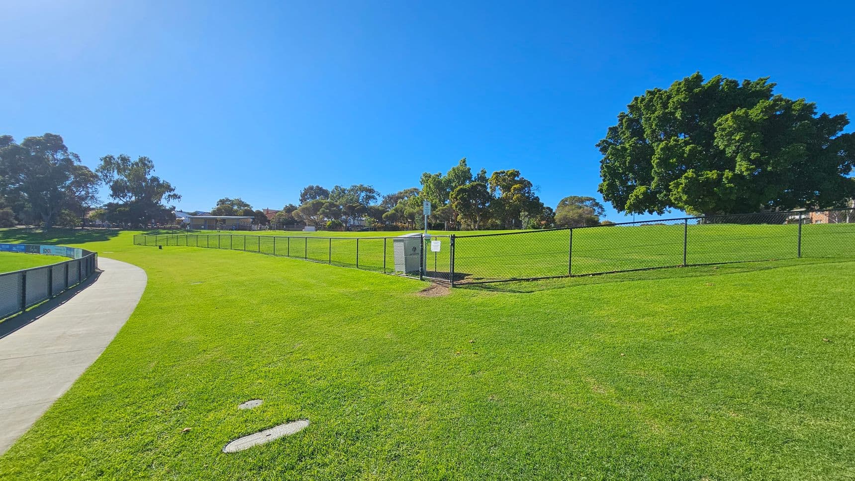 A grassy park with a paved path curving along the left side. A chain-link fence runs across the middle, with a gate and a small utility box near the centre. In the background, there are several trees, including a large one on the right. The sky is clear and blue.