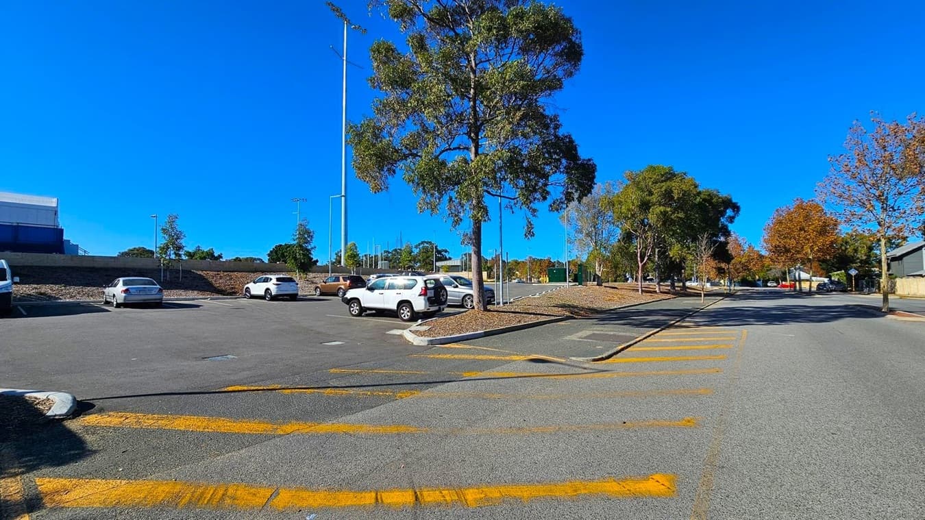 A parking area with several cars is on the left, bordered by a low wall and a few small trees. A tall tree stands prominently in the centre, with a street extending to the right. The street is lined with trees showing autumn foliage. Yellow road markings are visible in the foreground on the asphalt.