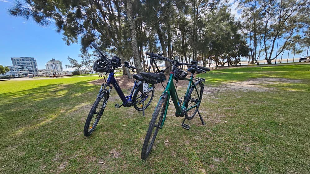 On the left, a dark blue electric bike with a helmet hanging on the handlebars. On the right, a green electric bike with a similar design. In the middle, both bikes are standing on their kickstands, facing slightly towards each other. The background features a grassy park area with tall trees and some buildings in the distance.