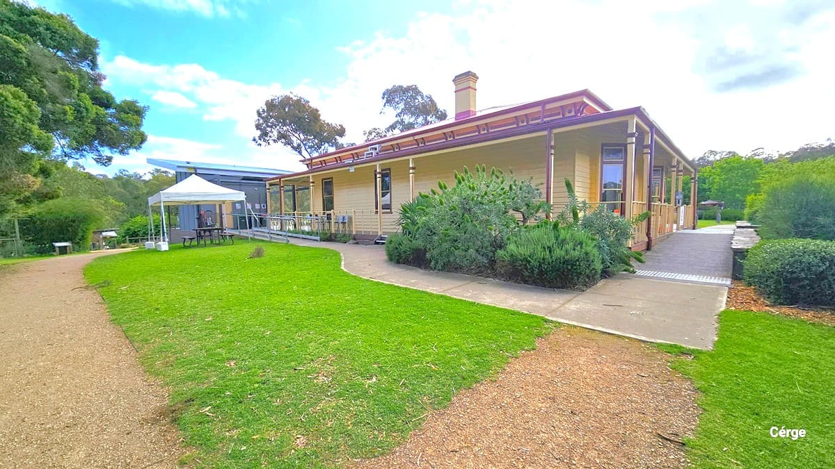 Following the dirt path is a concrete pathway leading to another entrance of the cafe, accessible via a ramp with a handrail at the back. Next to the ramp is a shaded seating area. This area features well-maintained grass and an ornamental landscape.