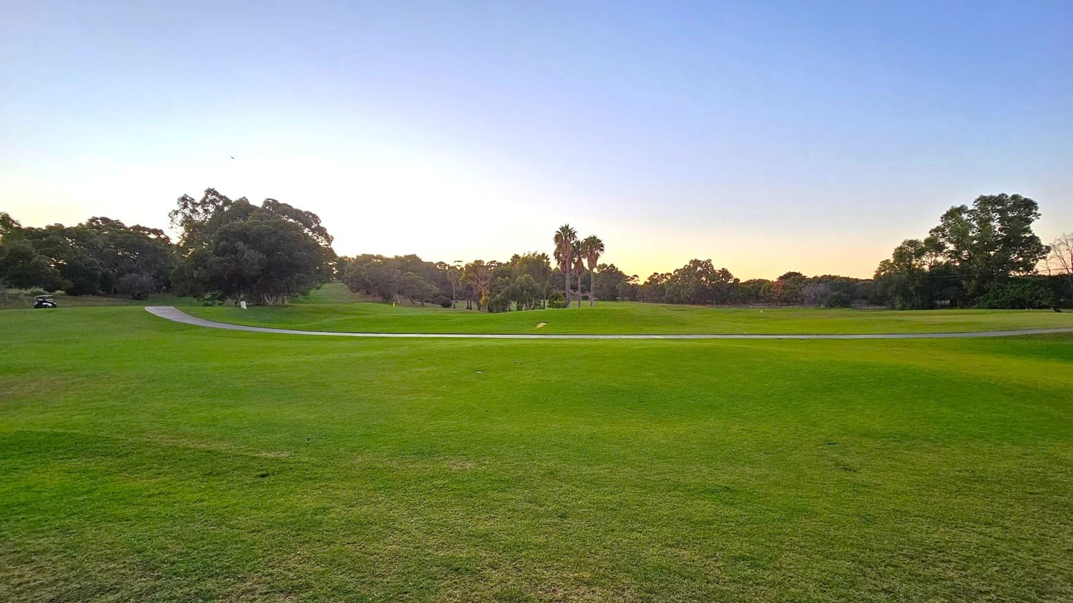 A grassy landscape with a gently sloping hill in the middle. A paved path curves through the scene from the left, where a small vehicle is visible. In the background, there are clusters of trees, including a few tall palm trees. The sky has a gradient from light to darker blue, indicating a time near sunset or sunrise. The grass is a mix of green shades, with some patches appearing slightly worn.
