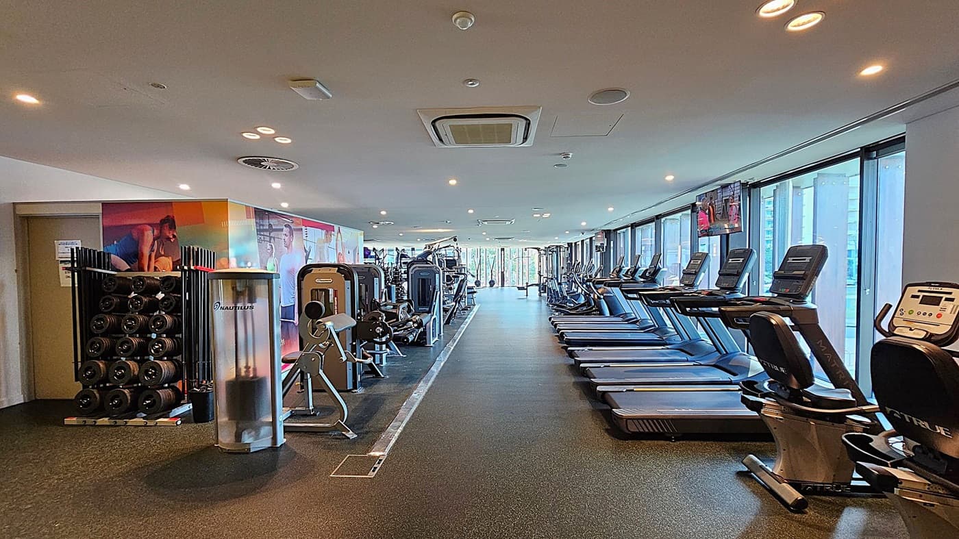 A modern gym interior with a row of treadmills and exercise bikes on the right side, facing large windows. On the left, there are weight racks and various gym machines. The floor is covered with dark rubber matting, and the ceiling has recessed lighting and air conditioning vents. A colourful mural is visible on the left wall.