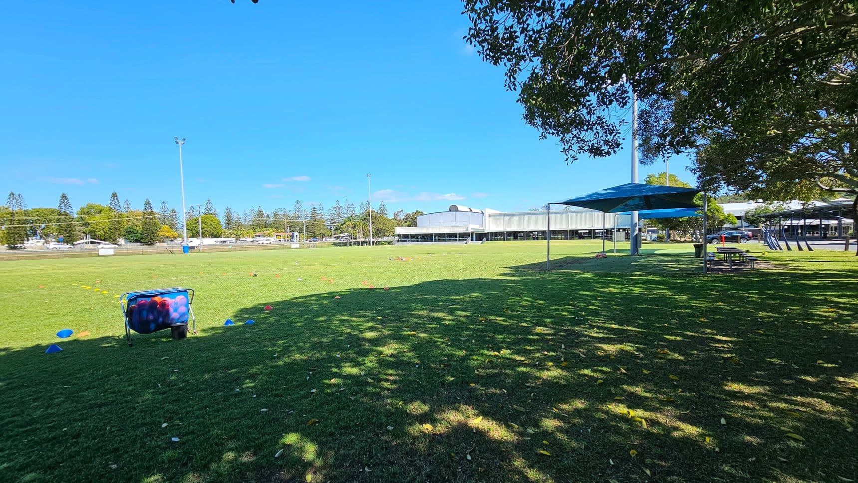 A grassy field with scattered sports cones and a basket of balls on the left. In the background, there are tall trees and a large building. On the right, a shaded area with picnic tables under a canopy. The foreground shows shadows from nearby trees.