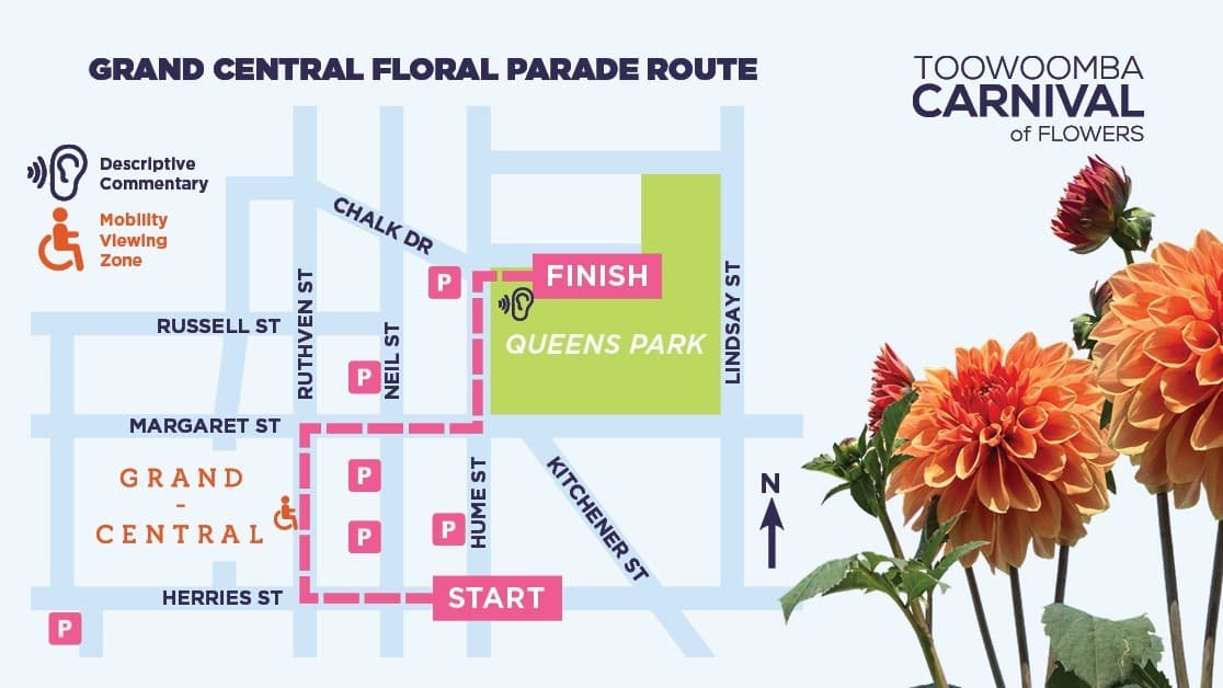 A map of the Grand Central Floral Parade route in Toowoomba. The route starts at the bottom on Herries Street, moves north along Hume Street, then west on Margaret Street, and north on Ruthven Street. It turns east on Chalk Drive, ending at Queens Park. Parking areas are marked with 'P', and mobility viewing zones are indicated. Descriptive commentary is available near the finish. The right side features orange flowers and the Toowoomba Carnival of Flowers logo.