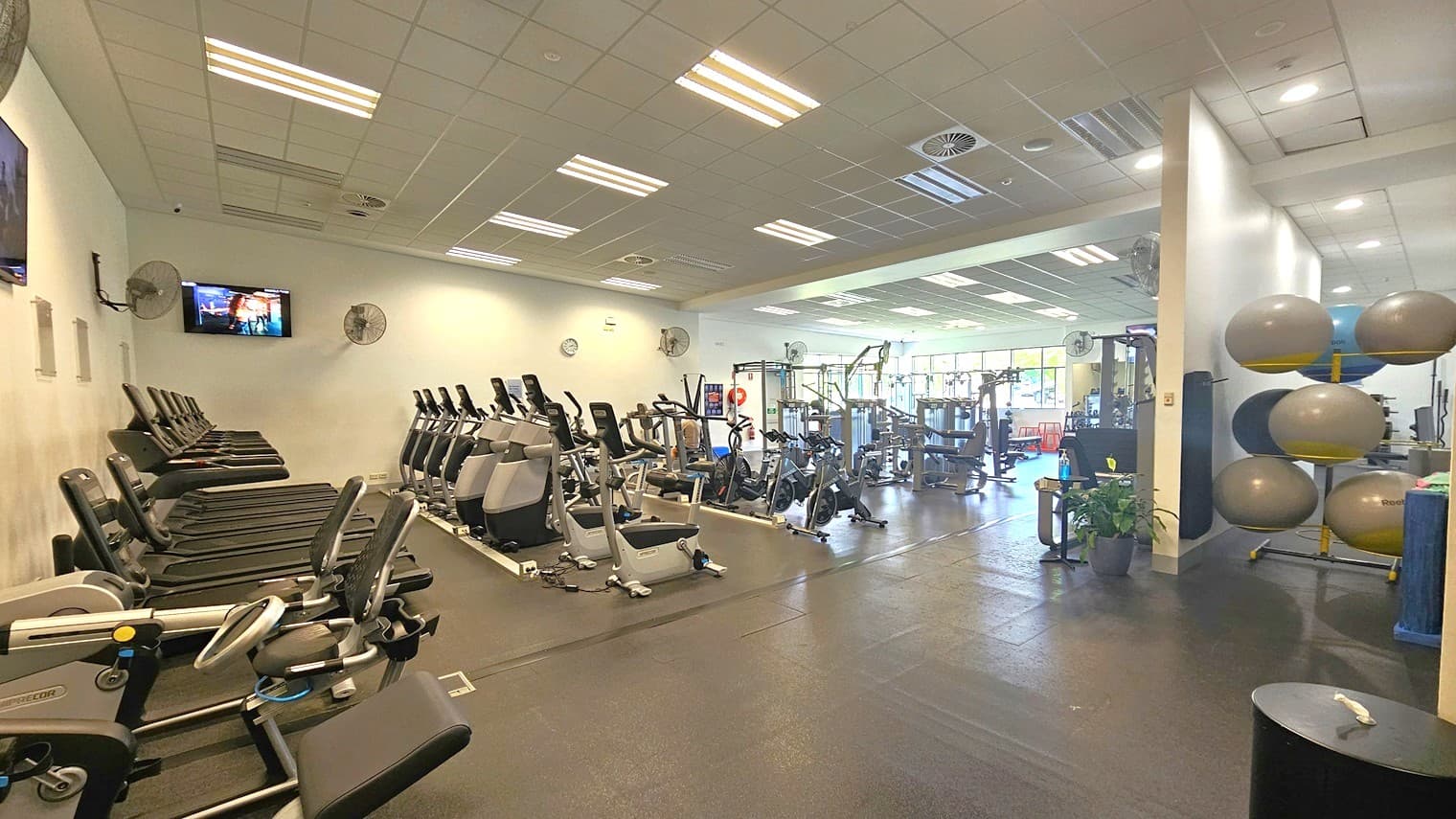 Within the gym, an arrangement of cardio machines, smith machines, Lat Pulldown machines, and other cardio and strength equipment is found on the left. Neatly stacked stability balls occupy the right. A dividing wall separates sections. Flat-screen TVs and wall fans are affixed to the walls. The ceiling showcases a white porous design illuminated by fluorescent lights. The floor is covered with black rubber tiles.