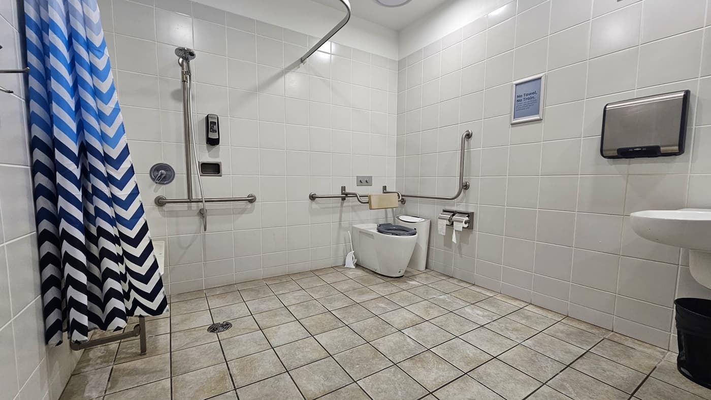 Accessible bathroom with white tiled walls and a green-tiled floor. On the left, a shower area with a blue and white chevron-patterned curtain and a handheld showerhead. In the centre, a toilet with grab bars and a toilet paper holder. On the right, a wall-mounted sink and a paper towel dispenser. A sign is visible above the dispenser. The ceiling is white with a circular light fixture.