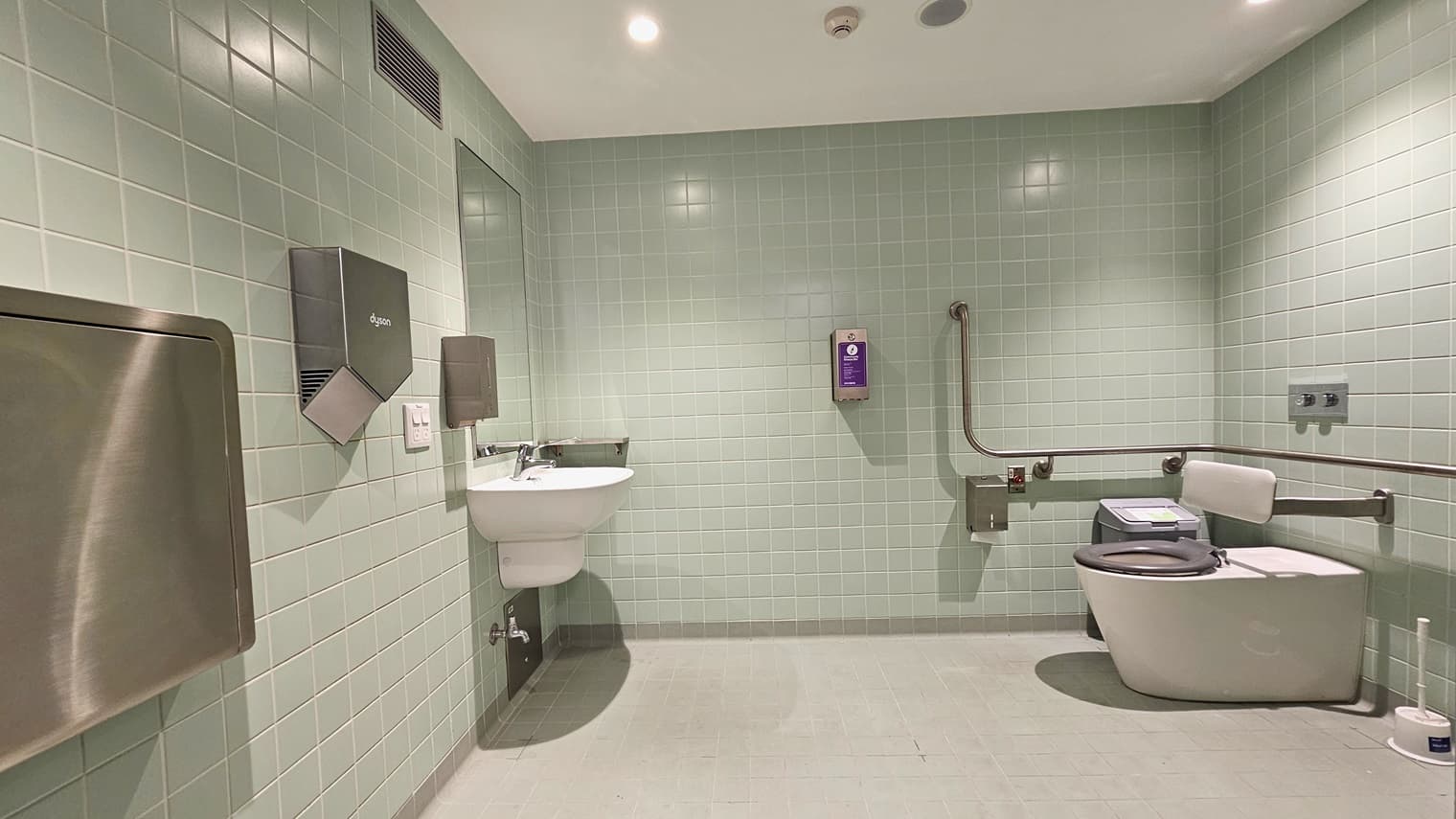 Within the bathroom, a foldable change table and a toilet paper dispenser are affixed to the left wall, alongside a wash basin. To the right, a toilet bowl with hand grabs and handrails is present. A tissue dispenser, rubbish bin, and toilet are positioned nearby. The wall features light green tiles, and the ceiling, along with the floor, is uniformly white.