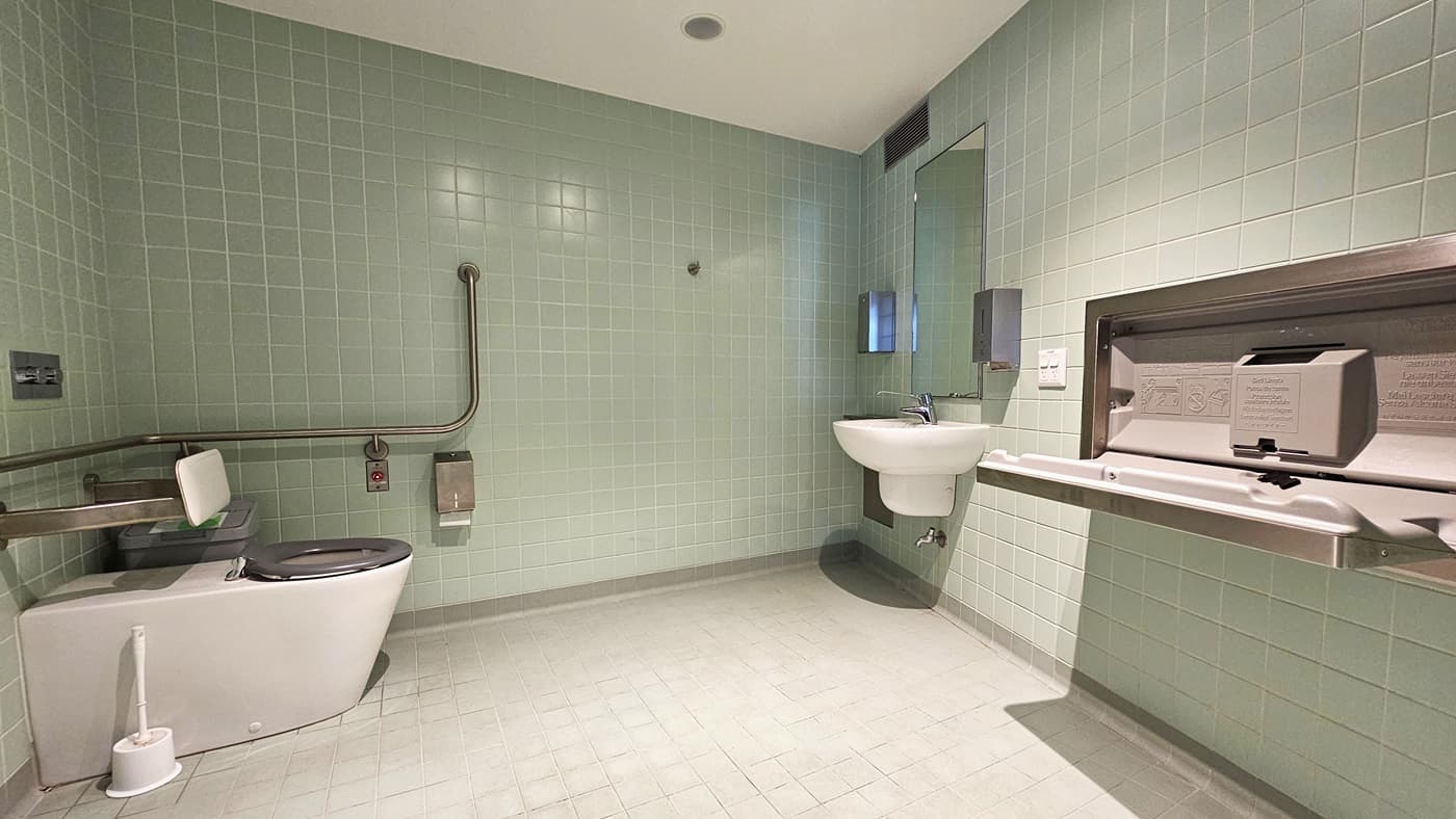 Inside the accessible bathroom, in the left corner, a toilet is equipped with handrails. A rubbish bin, a toilet paper dispenser, and a toilet brush are positioned nearby. To the right, a foldable change table and wash basin are mounted on the wall. A mirror, liquid soap, and a tissue dispenser are also affixed. The wall has light green tiles, and the floor and ceiling are white.