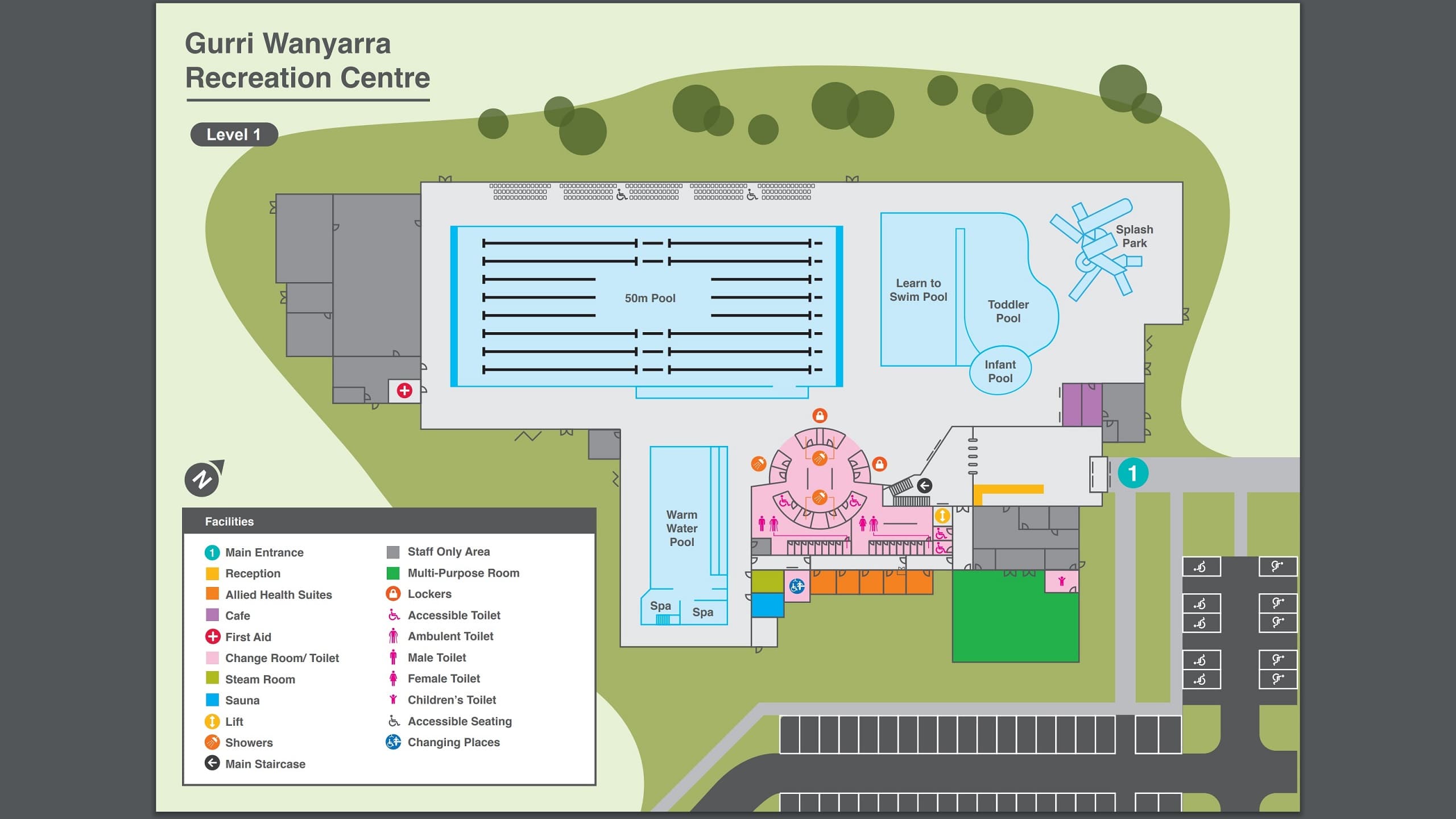 Floor plan of Gurri Wanyarra Recreation Centre, Level 1. The centre features a large 50m pool in the middle, with a Learn to Swim Pool, Toddler Pool, and Infant Pool to the right. A Splash Park is located in the top right corner. The Warm Water Pool and Spa are to the left. The main entrance is at the bottom right, leading to a reception area. Facilities include toilets, changing rooms, a café, and a multi-purpose room. Parking is shown at the bottom, with accessible spaces marked.