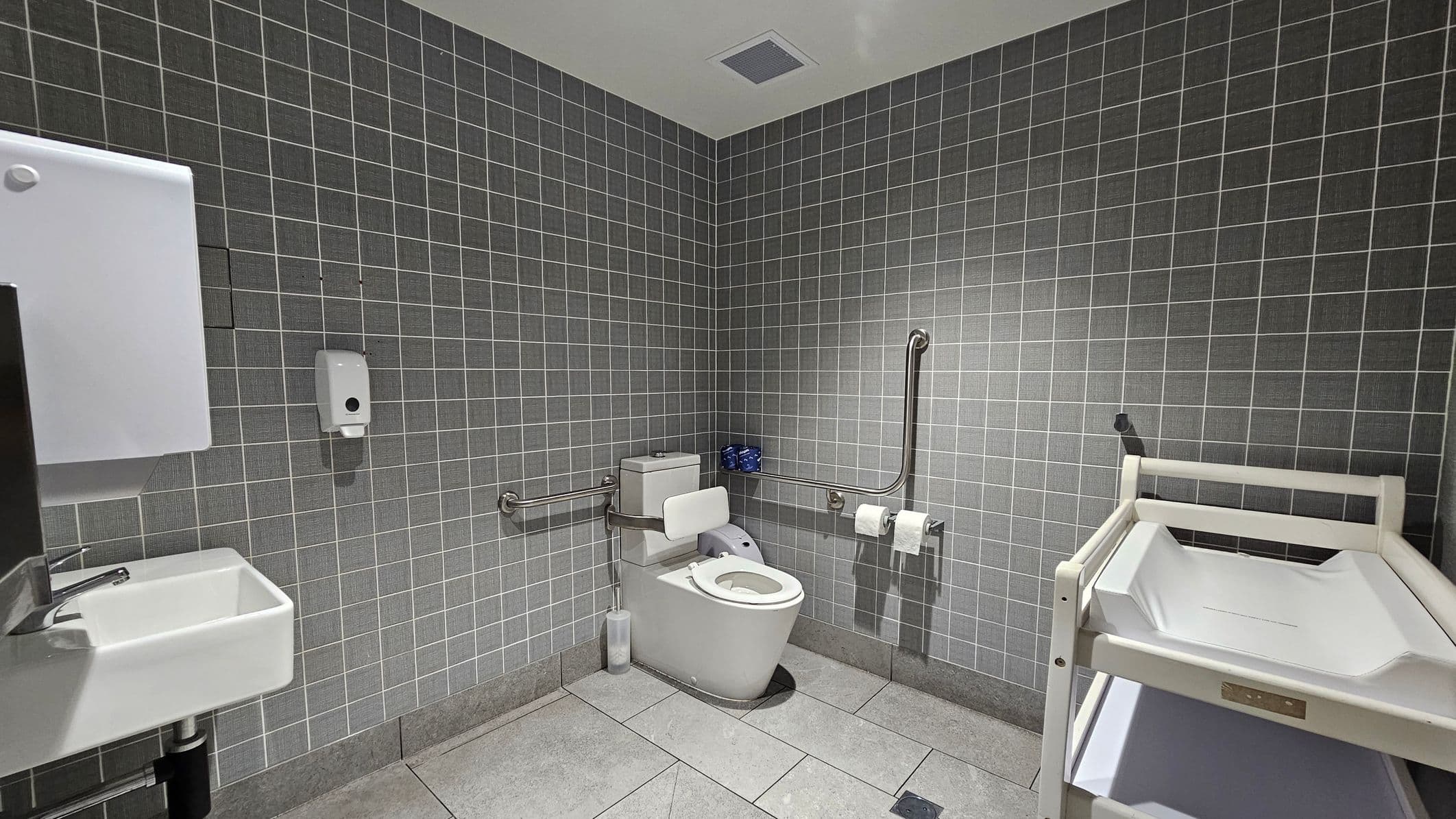 A public restroom with grey tiled walls and a light-coloured tiled floor. On the left, there is a small white sink with a soap dispenser above it. In the centre, a toilet with grab bars on both sides and a toilet roll holder on the right. A blue paper dispenser is mounted on the wall behind the toilet. On the right, a baby changing station with a white surface and green frame. The ceiling is plain with a vent.