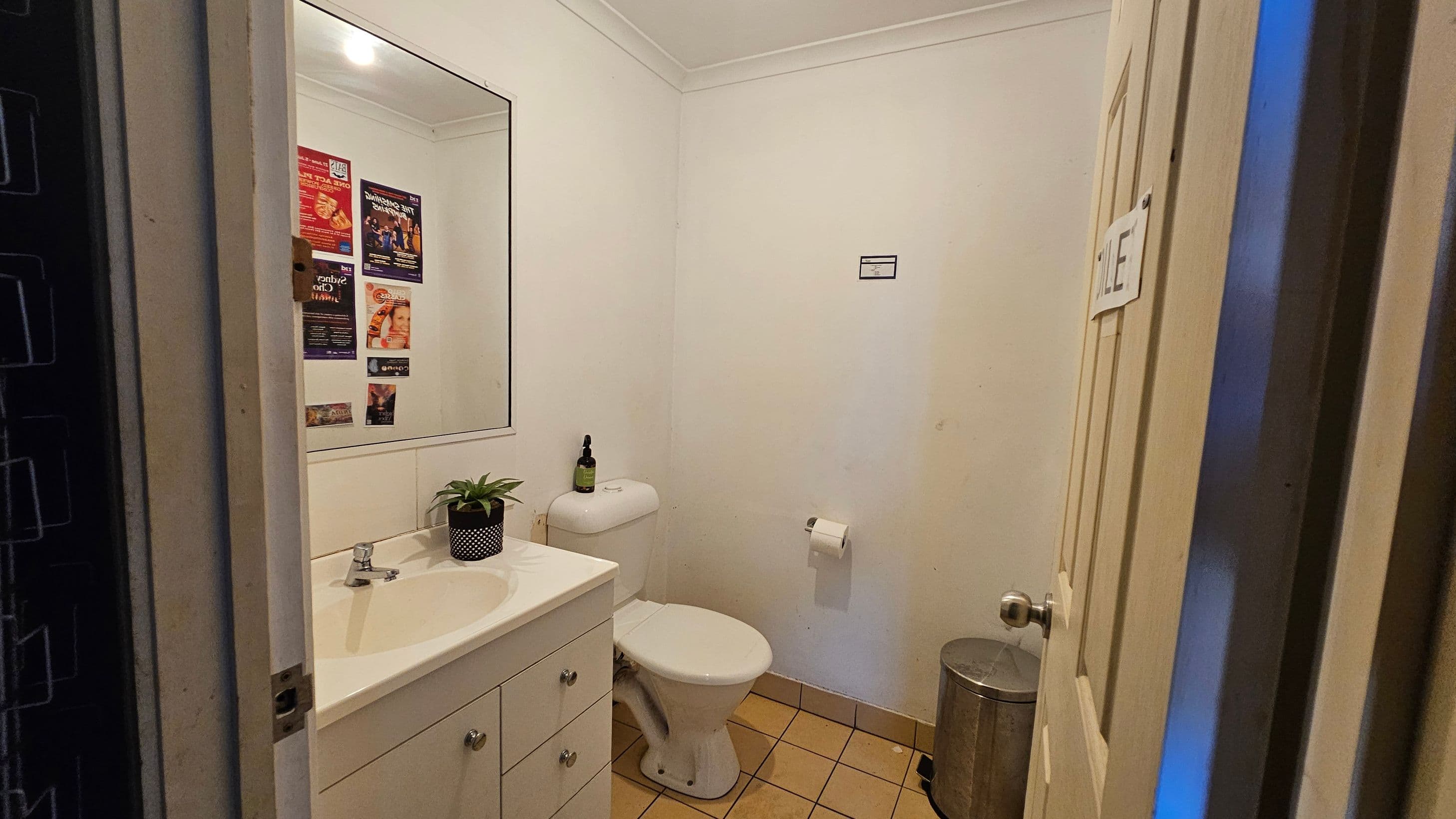 A small bathroom with white walls and a tiled floor. On the left, a white vanity with a sink, a small plant, and a mirror above. The toilet is positioned in the centre against the back wall, with a toilet roll holder to the right. A silver bin is on the floor near the toilet. Posters are visible on the wall reflected in the mirror. The door on the right has a sign with the word "TOILET". The ceiling is plain with a light fixture.