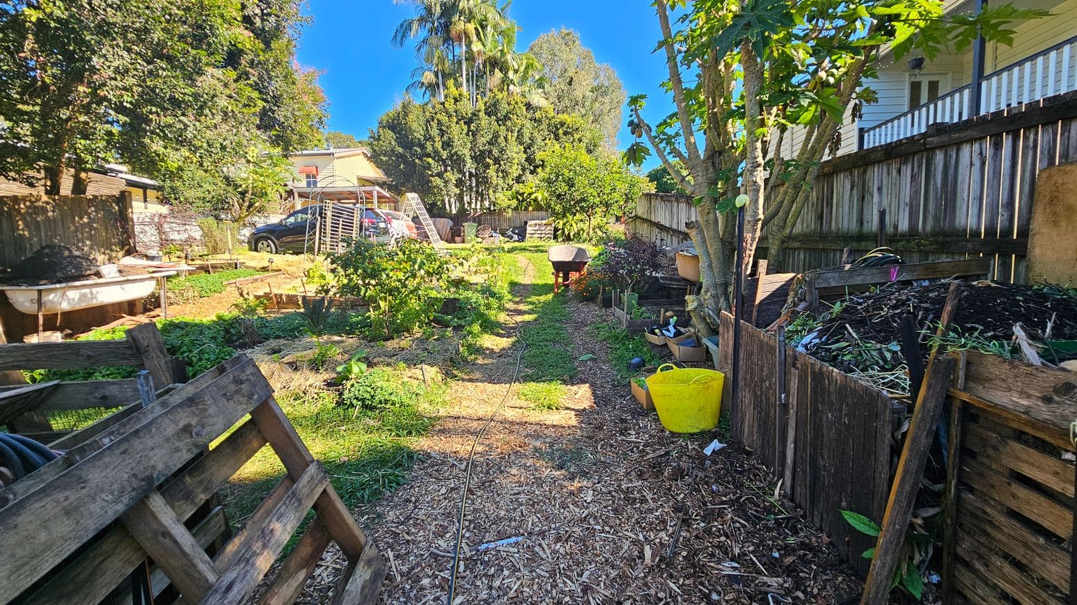 A garden with a woodchip path running down the centre, flanked by various plants and trees. On the left, there are wooden pallets and a wheelbarrow. On the right, a compost area with a yellow bucket and more plants. A wooden fence runs along the right side. In the background, a house and parked cars are visible, with tall trees and a clear blue sky above.