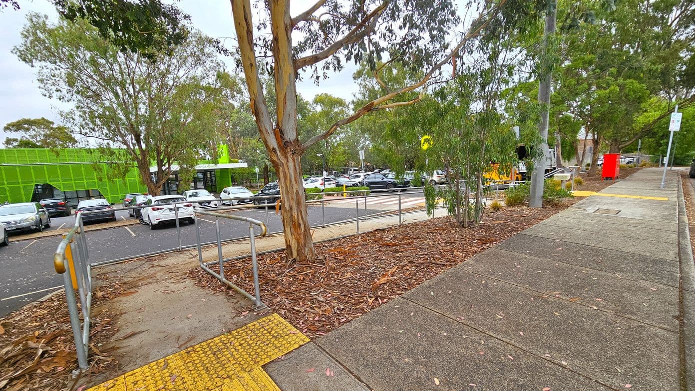 A footpath runs along the right side, bordered by a grassy area with trees. A bright green building is visible on the left, with a car park in front of it filled with vehicles. A large tree stands in the centre, surrounded by fallen leaves and bark. A metal railing lines a ramp leading from the footpath to the car park. A red post box is near the footpath, and a pedestrian crossing is visible in the background.