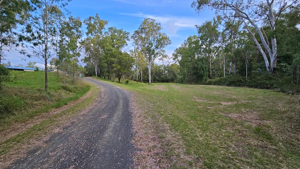 A gravel path curves through a grassy area, bordered by trees on both sides. On the left, the path is flanked by a small grassy slope with scattered trees. On the right, a larger expanse of grass stretches out, with more trees in the background. The trees are tall and leafy, providing a natural canopy over the area. The sky is visible above, adding a sense of openness to the scene.