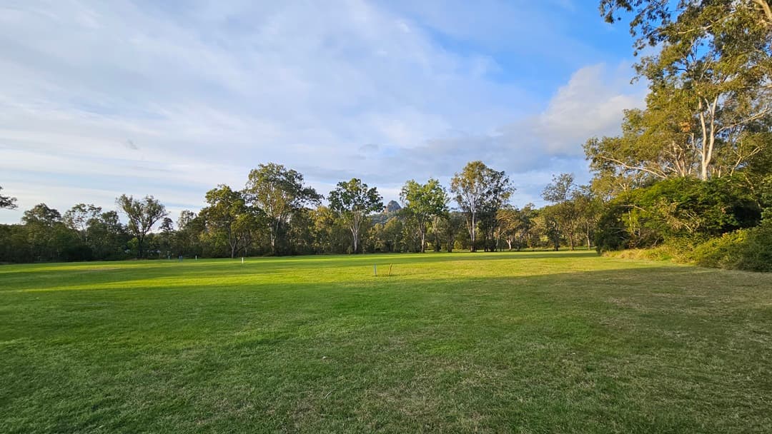 A wide, open grassy field stretches across the foreground, with a mix of lush and slightly dry patches. In the background, a line of tall trees with dense foliage forms a natural border. The trees are a mix of green and some with lighter, almost white trunks. The sky above is mostly clear with a few scattered clouds, casting soft shadows on the ground.