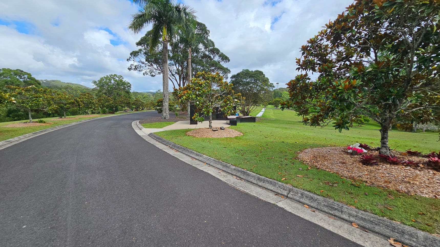 A winding asphalt road curves to the left, bordered by a grassy verge. On the right, a well-maintained lawn features several trees, including a large one with dense foliage and a small flower arrangement at its base. In the background, tall palm trees and other greenery are visible, with a bench and a paved area nearby. The scene is lush and verdant, suggesting a park or garden setting.